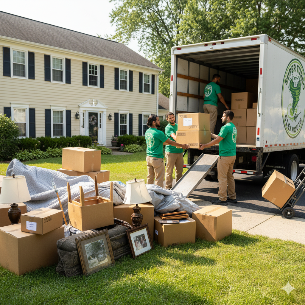 Crew loading boxes onto a truck during a cleanout
